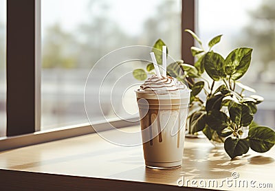 Fresh Frappuccino with cream served on the wooden table at cafe Stock Photo